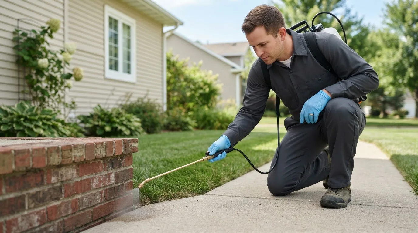 Pest control technician treating a home near Raytown, MO