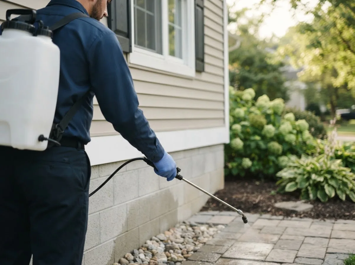 Pest control technician inspecting a home in Raytown, MO